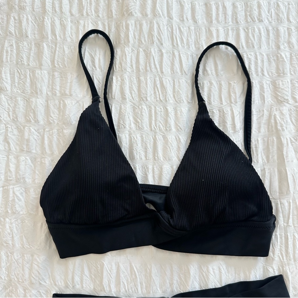 Aerie High Cut Cheeky Black Ribbed Crossover Bikini Set Bottoms Top Small Swim S - Picture 6 of 11